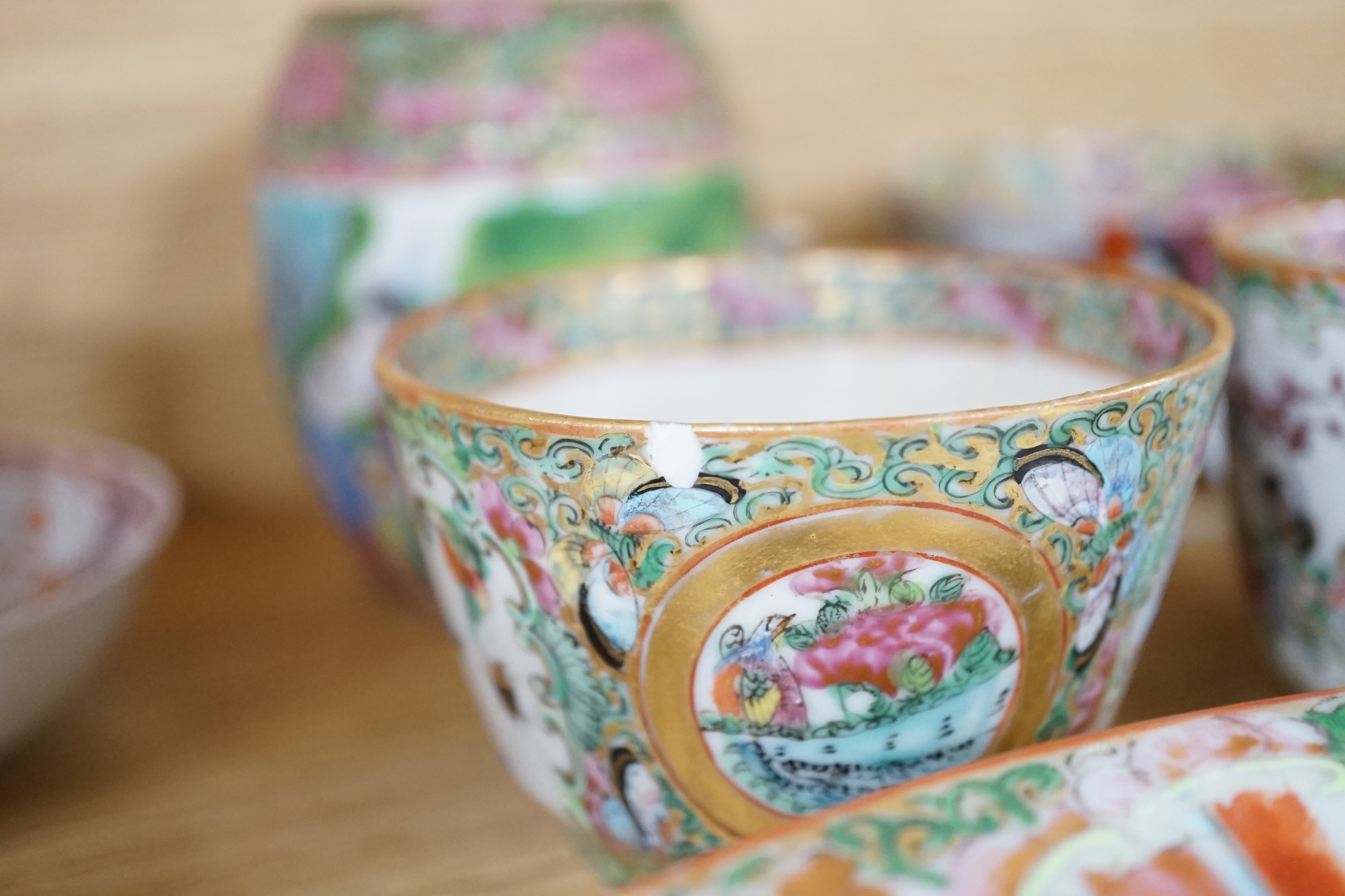 Chinese famille rose porcelain including plates, cups, saucers and a figure, 18th and 19th century, largest 27cm diameter